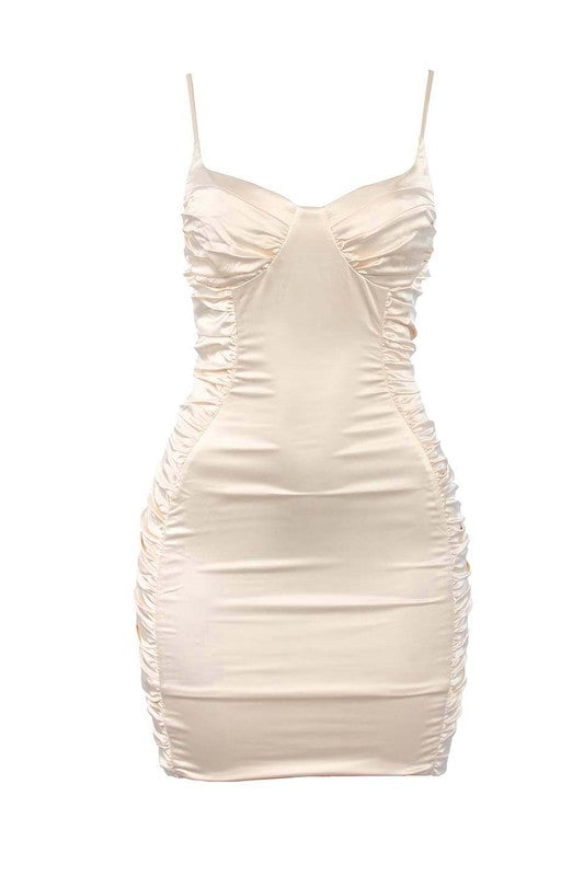 MELONA SATIN RUCHED MINI DRESS – Dana's ...